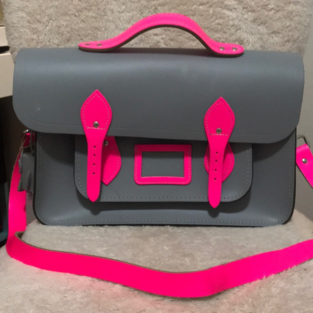 Grey/fluoro Pink Design 15” Leather Satchel
